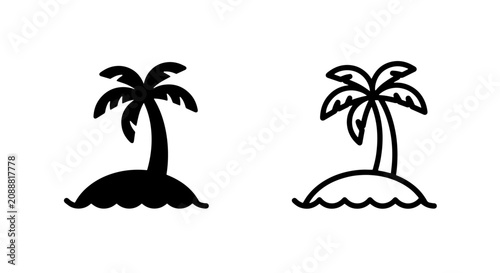 Cuadro en lienzo Tropical island with palm tree silhouette and outline icon set tropical vacation