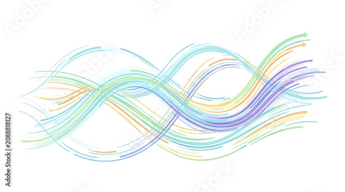 Abstract flowing lines and curves in pastel colors with arrows indicating direction and movement
