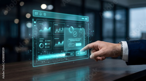 Corporate professional using futuristic digital workspace hologram interface for efficient business operations and collaboration
