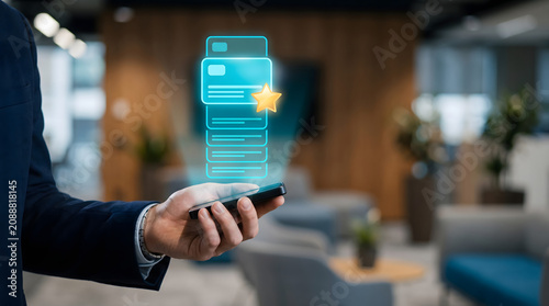 Customer loyalty manager displaying digital rewards hologram for modern loyalty program management solutions