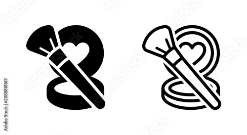 Bild auf Leinwand Makeup brush and powder compact icon set in solid and outline style with cosmeti