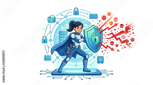 Cybersecurity Superheroine Defends Against Digital Threats with Shield and Network Protection