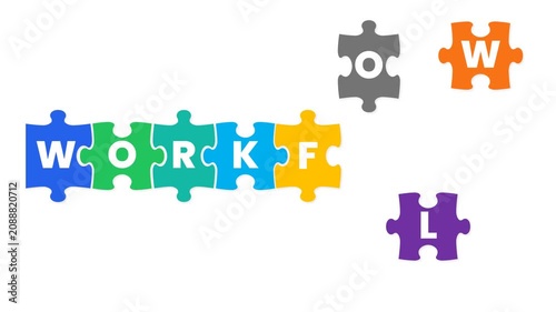 Colorful Puzzle Pieces Form Workflow Word Animation