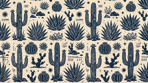 A charming seamless repeating pattern of linocut style dark navy desert cacti agave plants suns and stars stamped across a cream textured paper backdrop