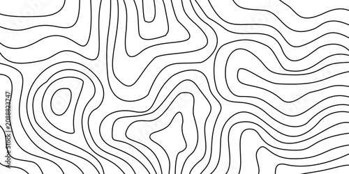 Abstract topographic contour line pattern with organic flowing curves. Minimal seamless black line background for maps, wallpaper, branding, packaging, and surface design.
