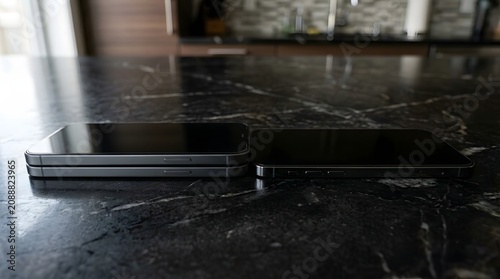 Side-by-side comparison of a foldable smartphone and a standard smartphone on a dark countertop.