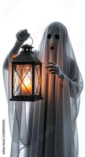 Scared Ghost Holding Lit Lantern With Candle Light Isolated Transparent Background