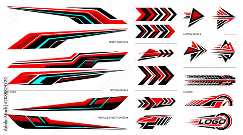 Abstract Sport Car Decal Designs - Red, Black, and Blue Graphics