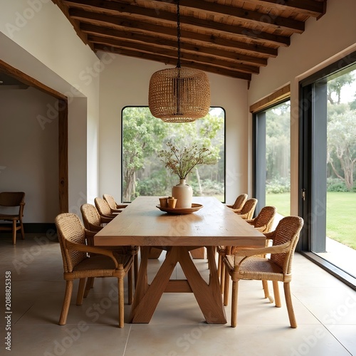 Dining area with a handcrafted wooden table and woven rattan chairs, natural and artisanal atmosphere.