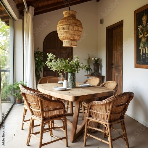 Dining area with a handcrafted wooden table and woven rattan chairs, natural and artisanal atmosphere.