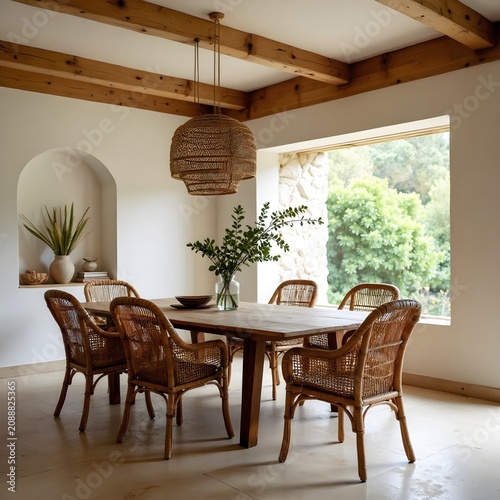 Dining area with a handcrafted wooden table and woven rattan chairs, natural and artisanal atmosphere.