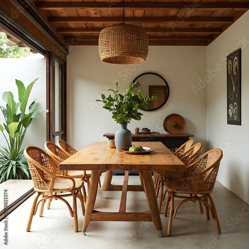 Dining area with a handcrafted wooden table and woven rattan chairs, natural and artisanal atmosphere.