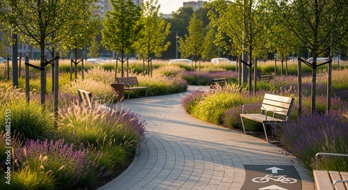 Modern park pathway lined with benches and ornamental grasses under clear blue sky during golden hour