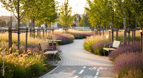 Modern urban park pathway lined with greenery and benches under clear sky with serene natural lighting
