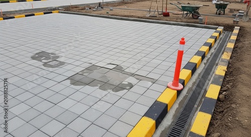 Construction site roofing membrane installation with protective barriers and safety cones under clear daylight