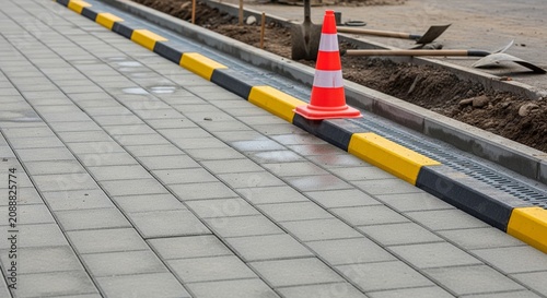 Construction site road barrier and traffic cone on paved pedestrian walkway under clear daylight