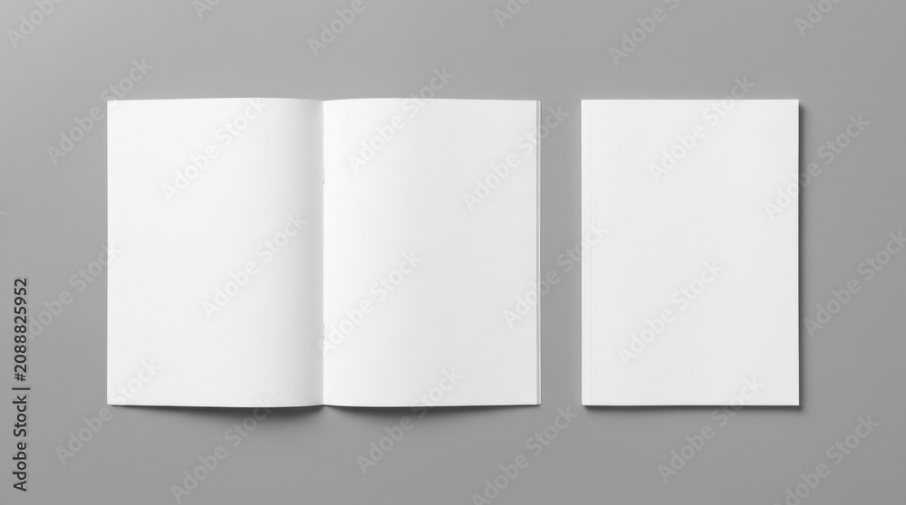 Fototapeta premium Open and closed blank brochures on grey background, top view. Mock up for design