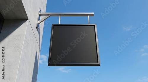 A blank black square sign hanging from a building against a blue sky, ready for custom branding or message.