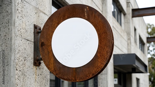 A round, rusty metal sign with a blank white center mounted on a textured concrete building wall.