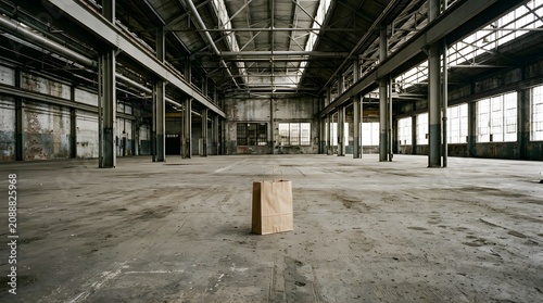 A single brown paper bag stands alone in the vast, empty, and desolate industrial warehouse with concrete floors and metal beams.