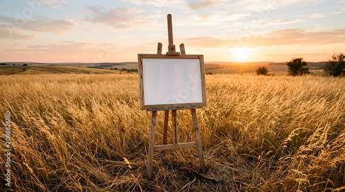 A wooden easel with a blank white canvas stands in a golden field of tall grass at sunset, bathed in warm light.