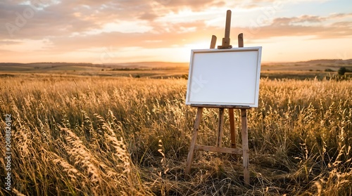Empty white canvas on an easel in a golden field at sunset, ready for an artist to capture the beautiful landscape.