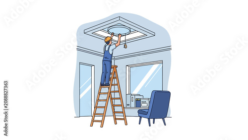 Professional Electrician Installing Ceiling Light on Ladder in Modern Room, Home Maintenance and Repair Service Illustration