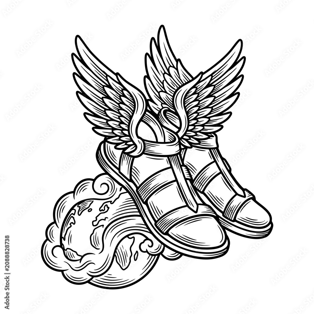 Fototapeta premium Hermes winged sandals flying over clouds woodcut art.