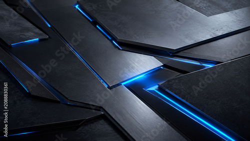 Surface métallique futuriste aux lignes bleu électrique