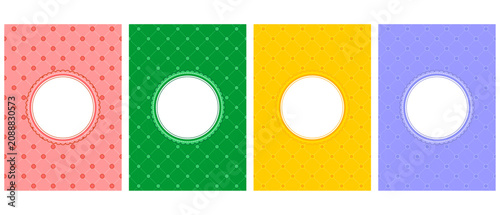 Blank circular label card template set with polka dot grid seamless pattern is for creative commercial greeting invitation flyer and colorful announcement badge design decoration