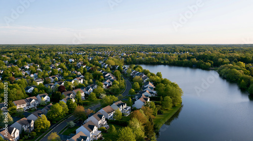 Canvastavla Aerial panorama view of a residential suburban town near a lake in New Jersey, d