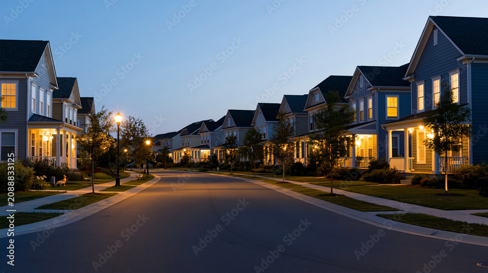 Obraz premium American subdivision street at dusk with warm porch lights glowing, inviting residential atmosphere concept, with copy space