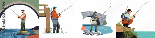 Obraz na płótnie Set of flat vector illustrations depicting fishermen fly fishing in various outdoor environments including rivers, stone bridges, and wooden piers