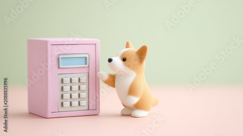 A Cute Corgi Figurine Interacting with a Playful Cash Register Toy in Soft Pastel Colors, Capturing a Whimsical and Adorable Scene in a Charming Display