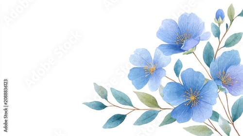A Beautiful Arrangement of Delicate Blue Flowers and Green Leaves on a Clean White Background, Capturing the Essence of Nature and Tranquility