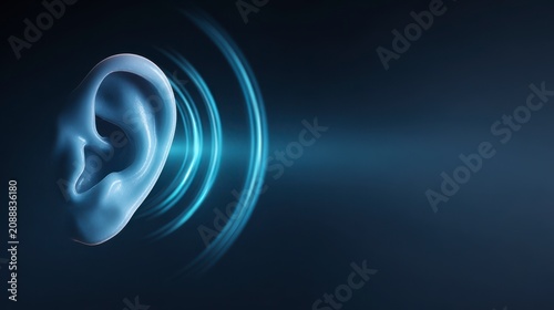 A 3D Rendering of an Ear with Sound Waves Emitting, Illustrating the Concept of Hearing and Sound Perception in a Modern Artistic Style