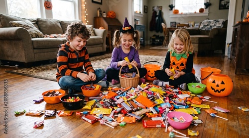 Children in Halloween costumes sorting candy indoors