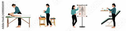 Foto Professional female acupuncturist performing treatments, preparing needles, and explaining anatomical charts in a wellness clinic setting, flat vector illustration set