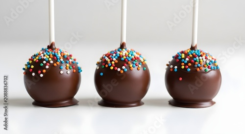 Three delightful chocolate cake pops adorned with colorful sprinkles, presented in a clean, minimalist style, ideal for confectionery and sweet indulgence designs