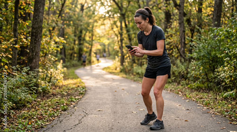 Obraz premium Woman checks her smartphone while jogging on a park path in autumn