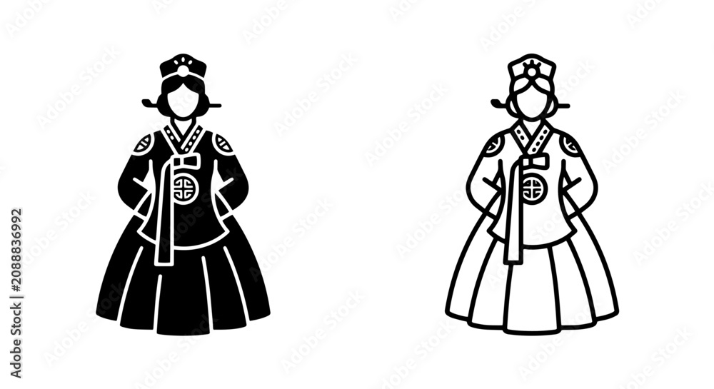 Fototapeta premium Traditional korean hanbok dress solid and outline icon set with clothing, tradition