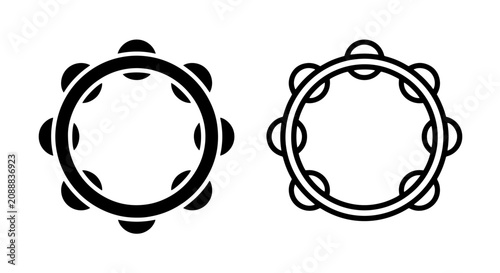 Tambourine musical instrument vector icon solid and outline style set with tambourine