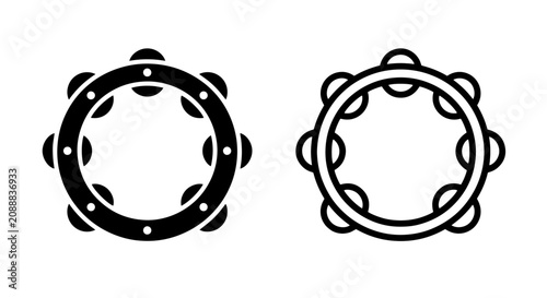 Tambourine musical instrument vector icon solid and outline style set with tambourine