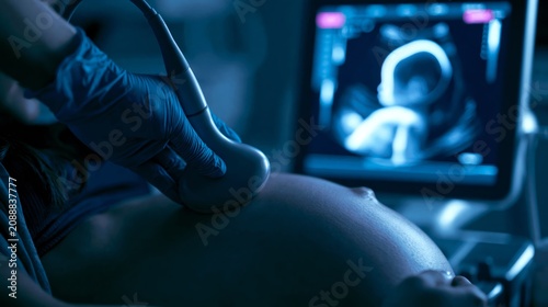 Doctor's gloved hand pressing a convex probe on a pregnant belly with a fetal profile sonogram on the machine screen. Concept of prenatal ultrasound screening.