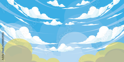 Illustration of a blue sky with white clouds in a flat style. Blue sky background and white clouds. Cartoon sky