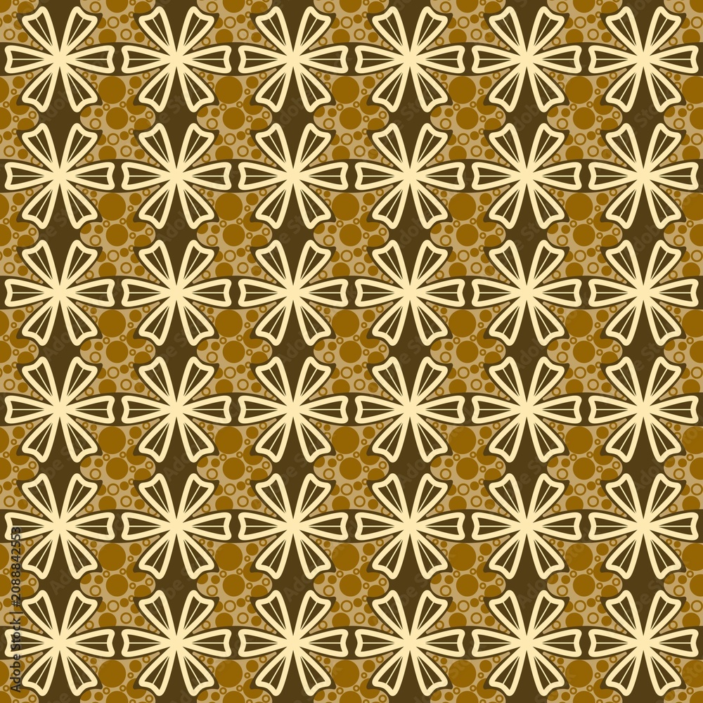 Fototapeta premium Cream and dark brown abstract floral seamless pattern with circles.