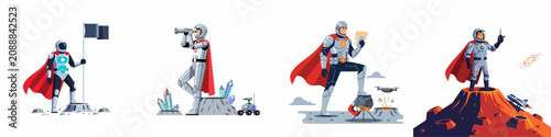 Bild auf Leinwand Set of futuristic astronaut illustrations exploring alien planets and moons, featuring high-tech equipment, rovers, and rockets in a flat vector style