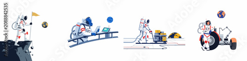 Canvastavla Set of four flat vector illustrations featuring astronauts exploring the moon, conducting research, transporting cargo, and operating a lunar rover in space