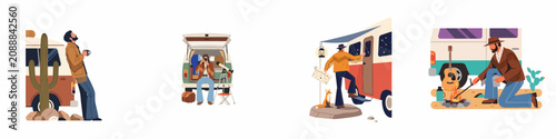 Fotografie Set of vintage-style illustrations depicting a retro van life adventure, featuring camping, stargazing, and outdoor activities in a desert landscape setting