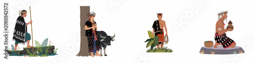 Bild auf Leinwand Four illustrations of indigenous Southeast Asian men in traditional tribal attire performing cultural activities like herding, playing music, and ceremonial rituals